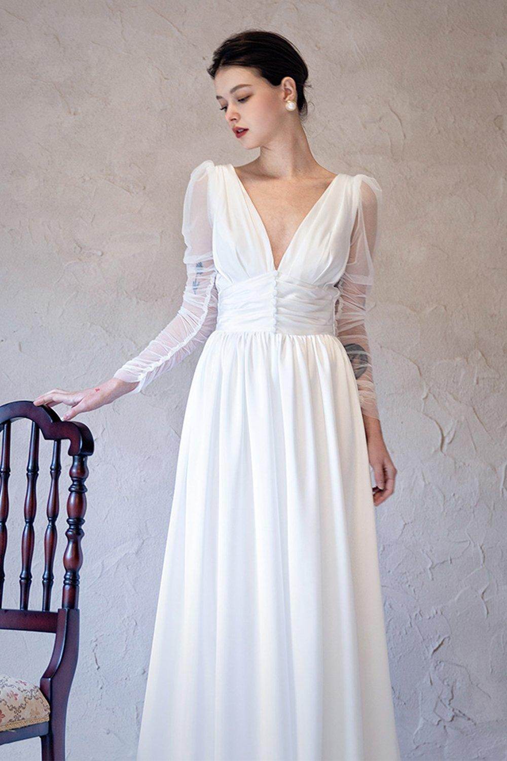 A-Line Sweep-Brush Train Chiffon Tulle Wedding Dress CW3063 - COCOMELODY