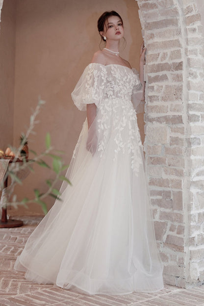 A-Line Sweep-Brush Train Lace Tulle Wedding Dress CW3065