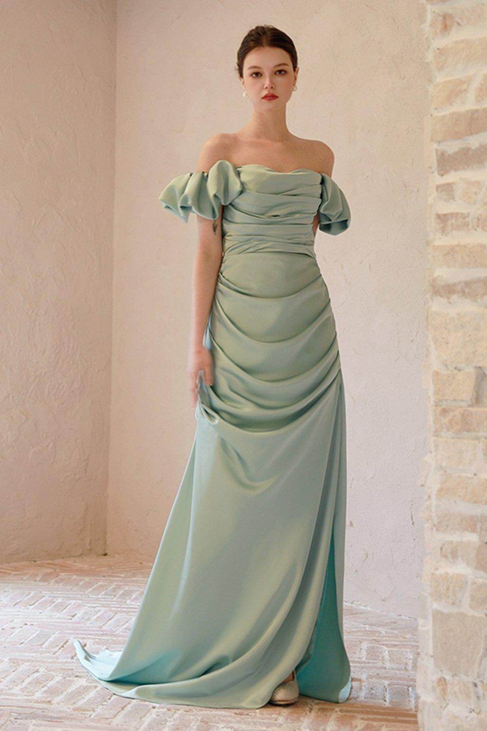 Sheath-Column Sweep-Brush Train Satin Wedding Dress CW3066 - COCOMELODY