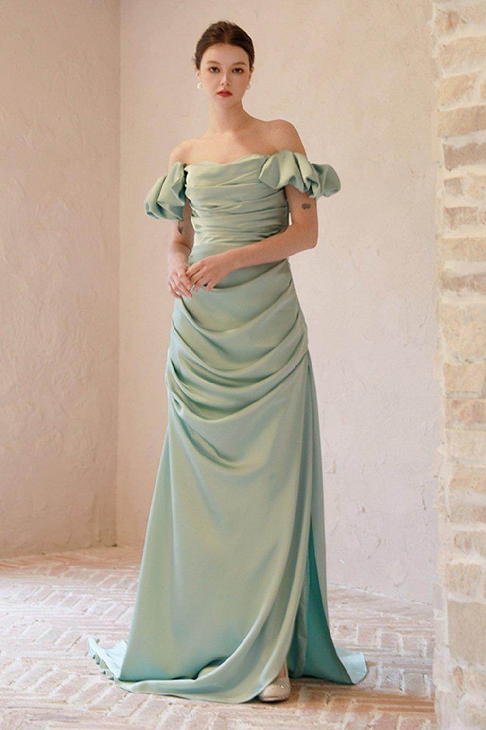 Sheath-Column Sweep-Brush Train Satin Wedding Dress CW3066 - COCOMELODY