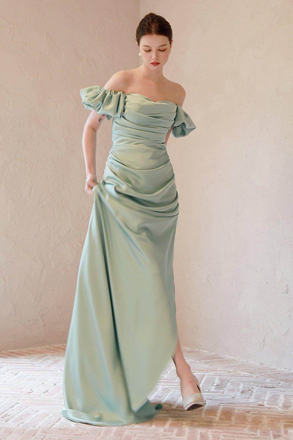 Sheath-Column Sweep-Brush Train Satin Wedding Dress CW3066 - COCOMELODY