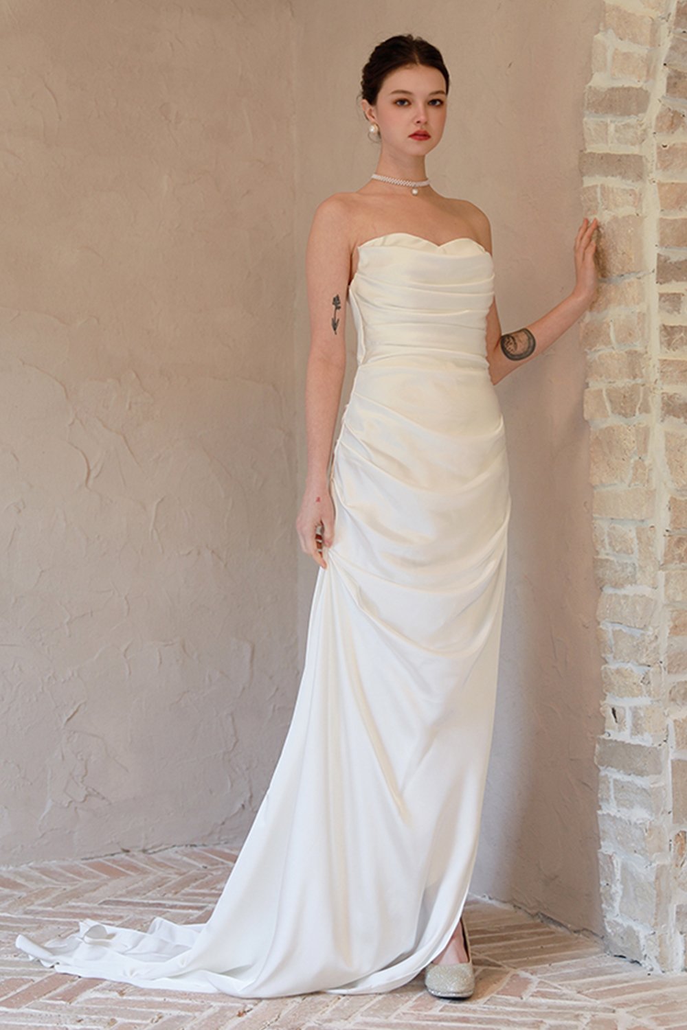 Sheath-Column Sweep-Brush Train Satin Wedding Dress CW3067