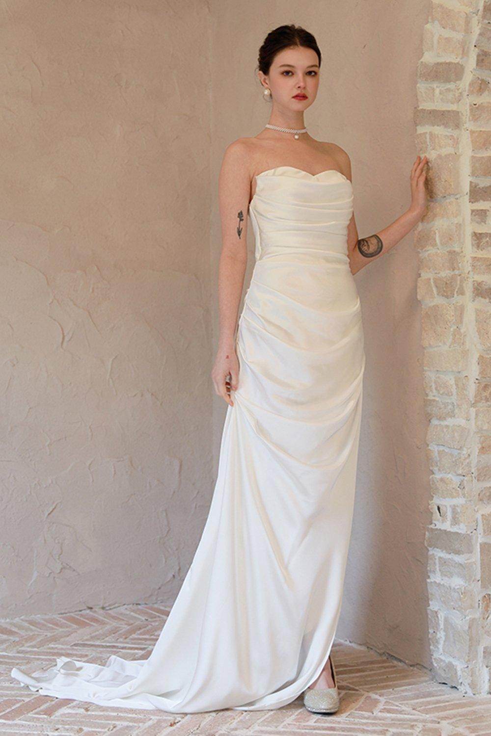 Sheath-Column Sweep-Brush Train Satin Wedding Dress CW3067 - COCOMELODY
