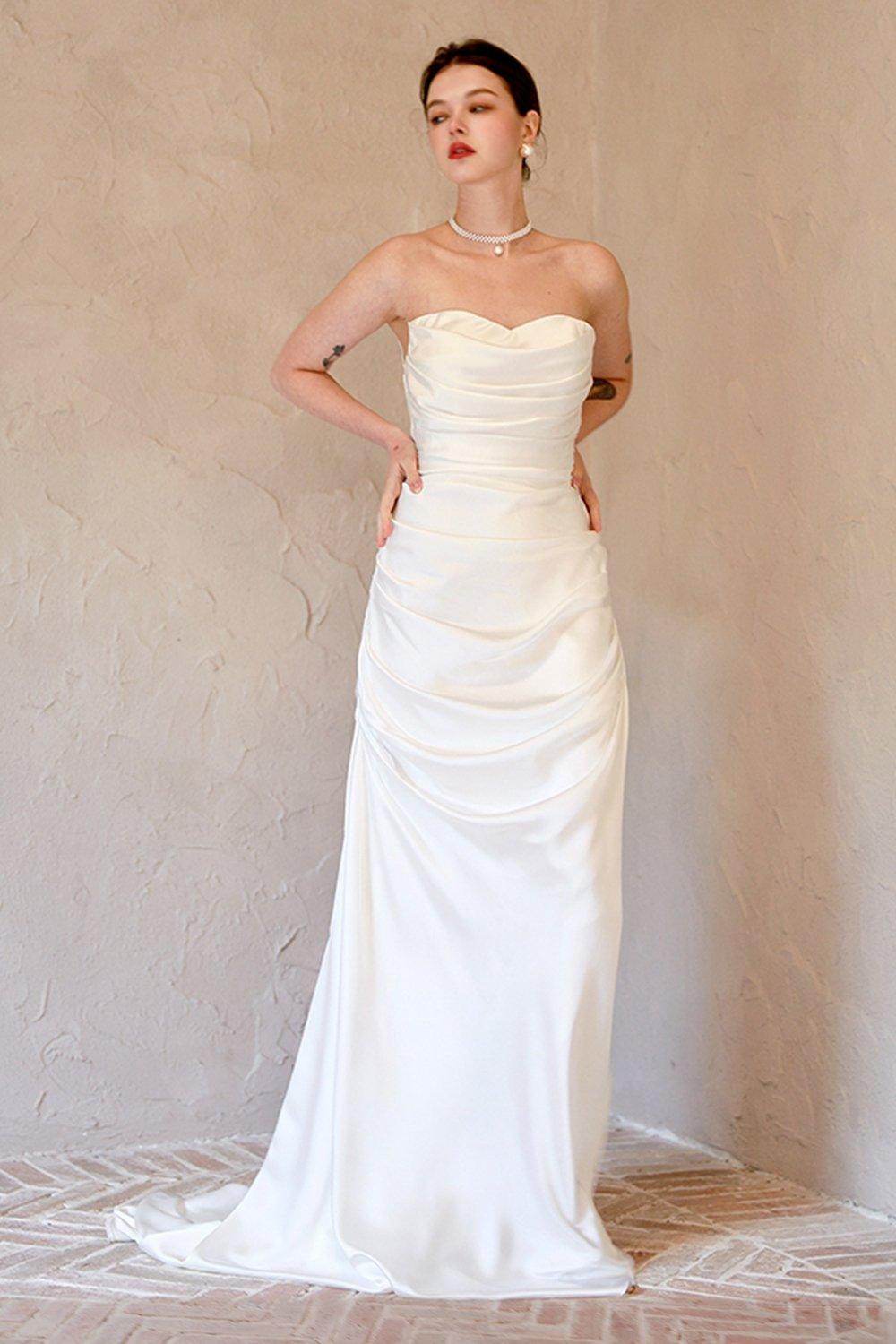 Sheath-Column Sweep-Brush Train Satin Wedding Dress CW3067 - COCOMELODY