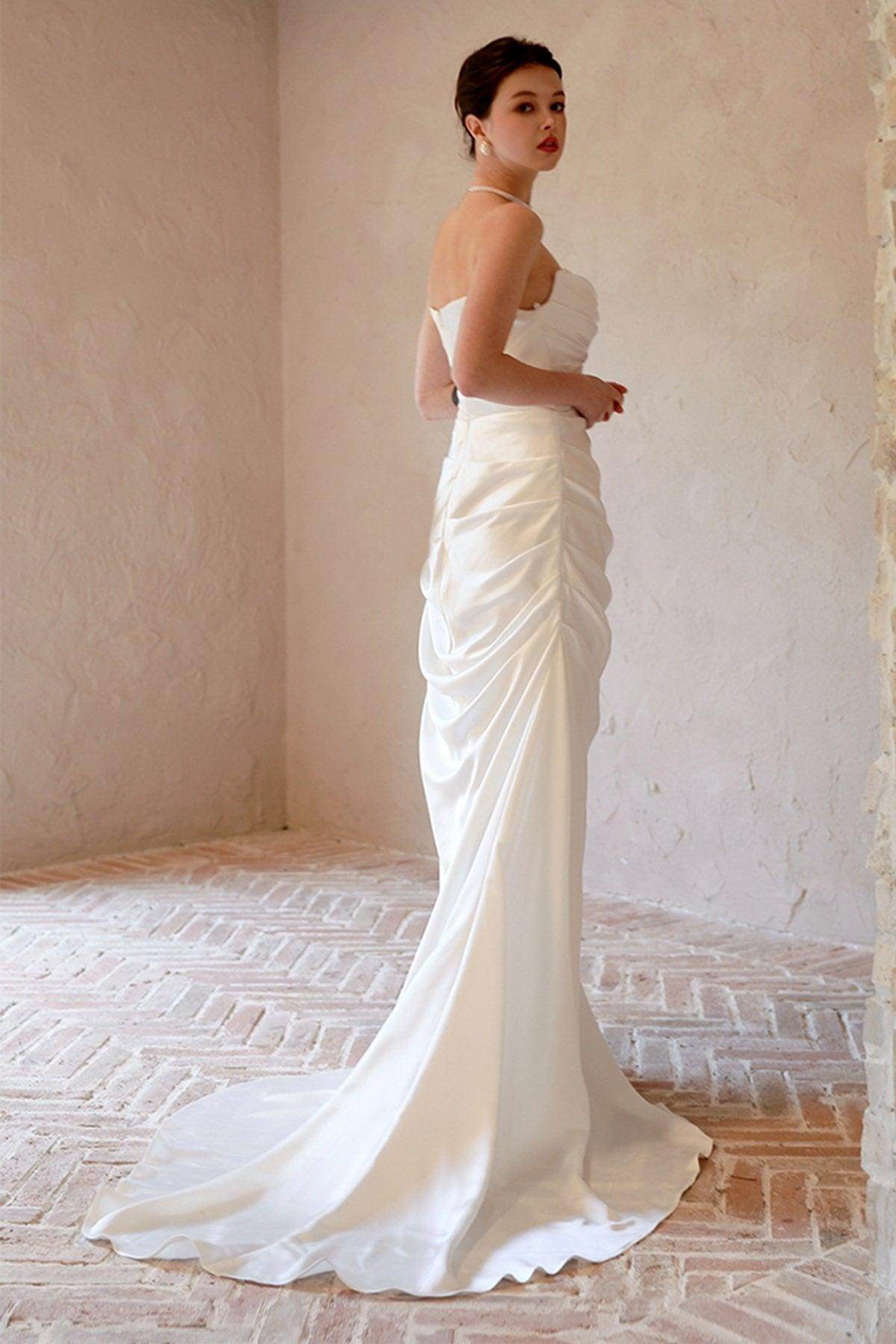 Sheath-Column Sweep-Brush Train Satin Wedding Dress CW3067 - COCOMELODY