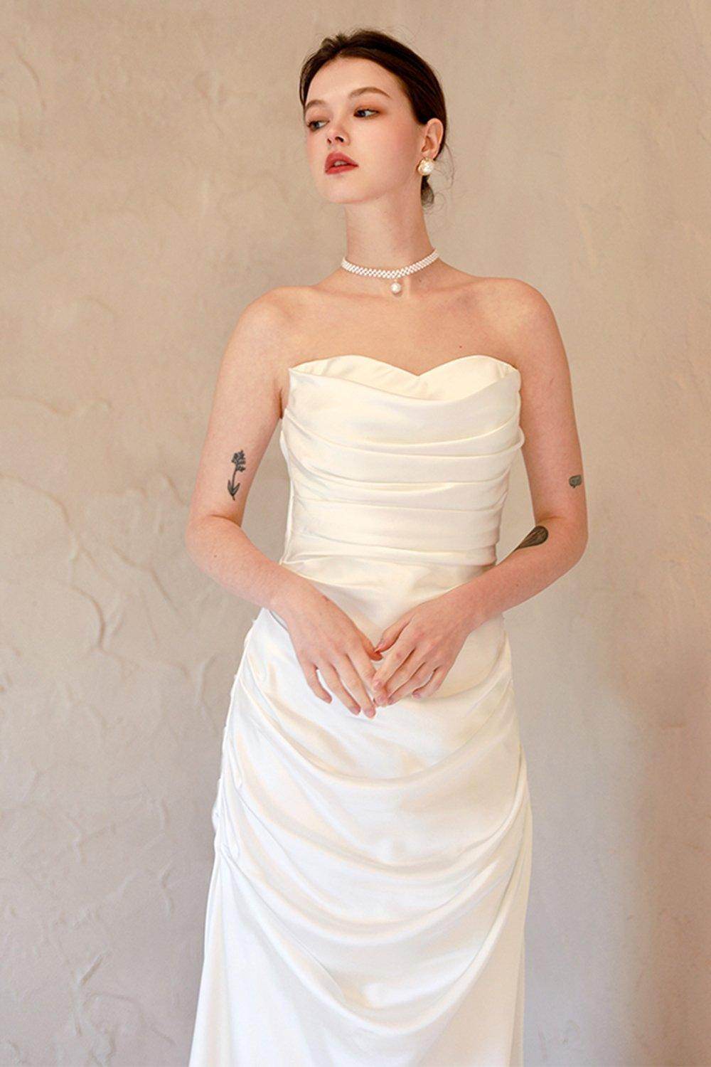 Sheath-Column Sweep-Brush Train Satin Wedding Dress CW3067 - COCOMELODY