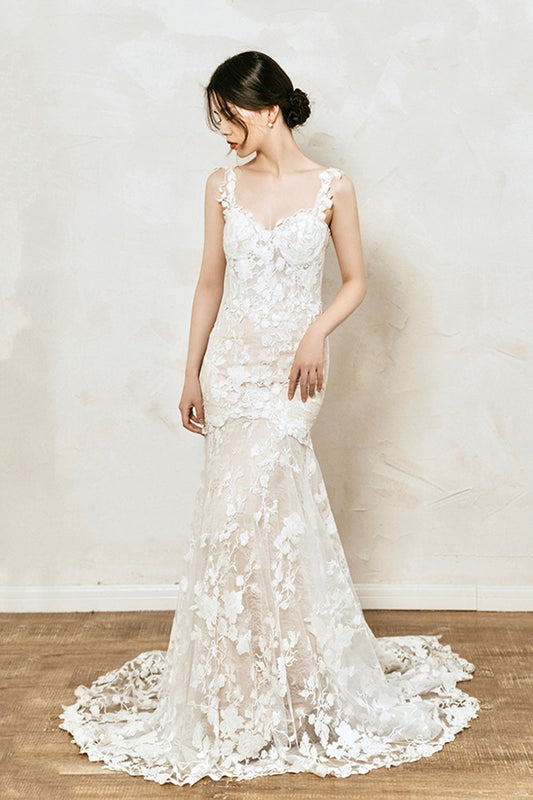Sheath Sweep-Brush Train Lace Tulle Wedding Dress CW3068