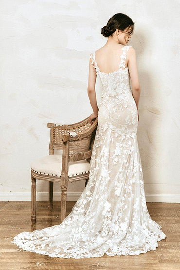 Sheath Sweep-Brush Train Lace Tulle Wedding Dress CW3068 - COCOMELODY