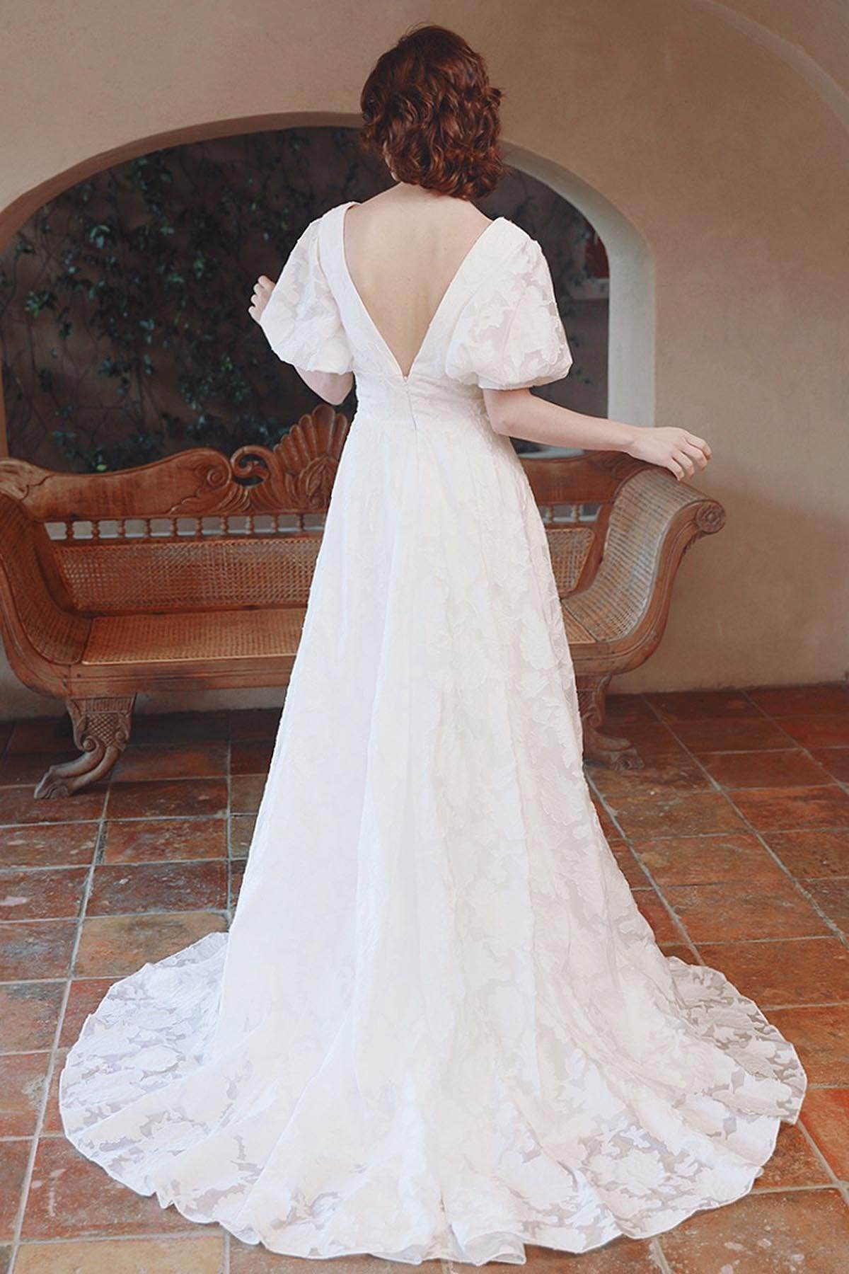A-Line Sweep-Brush Train Printed Gauze Wedding Dress CW3069 - COCOMELODY