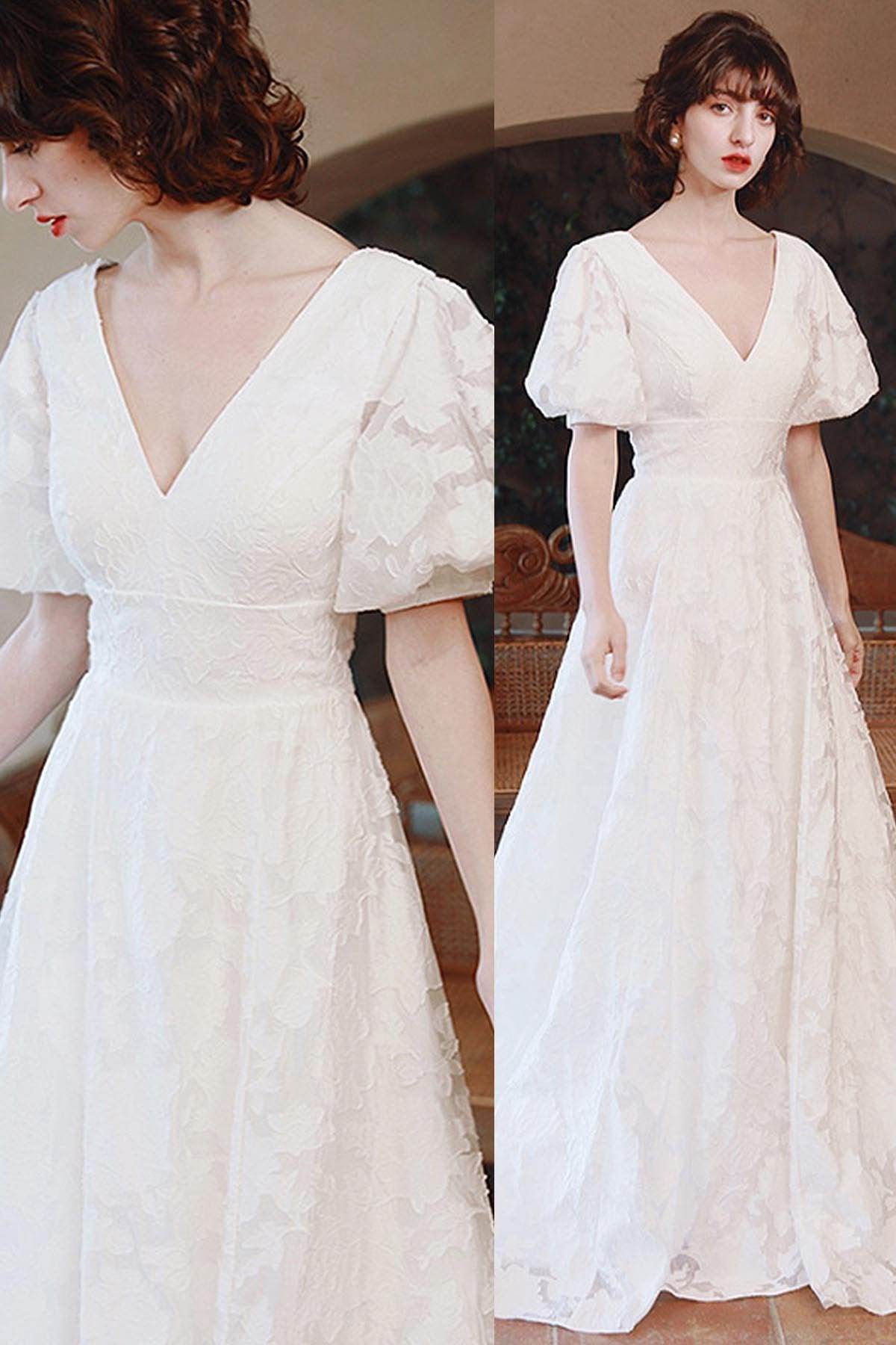 A-Line Sweep-Brush Train Printed Gauze Wedding Dress CW3069 - COCOMELODY