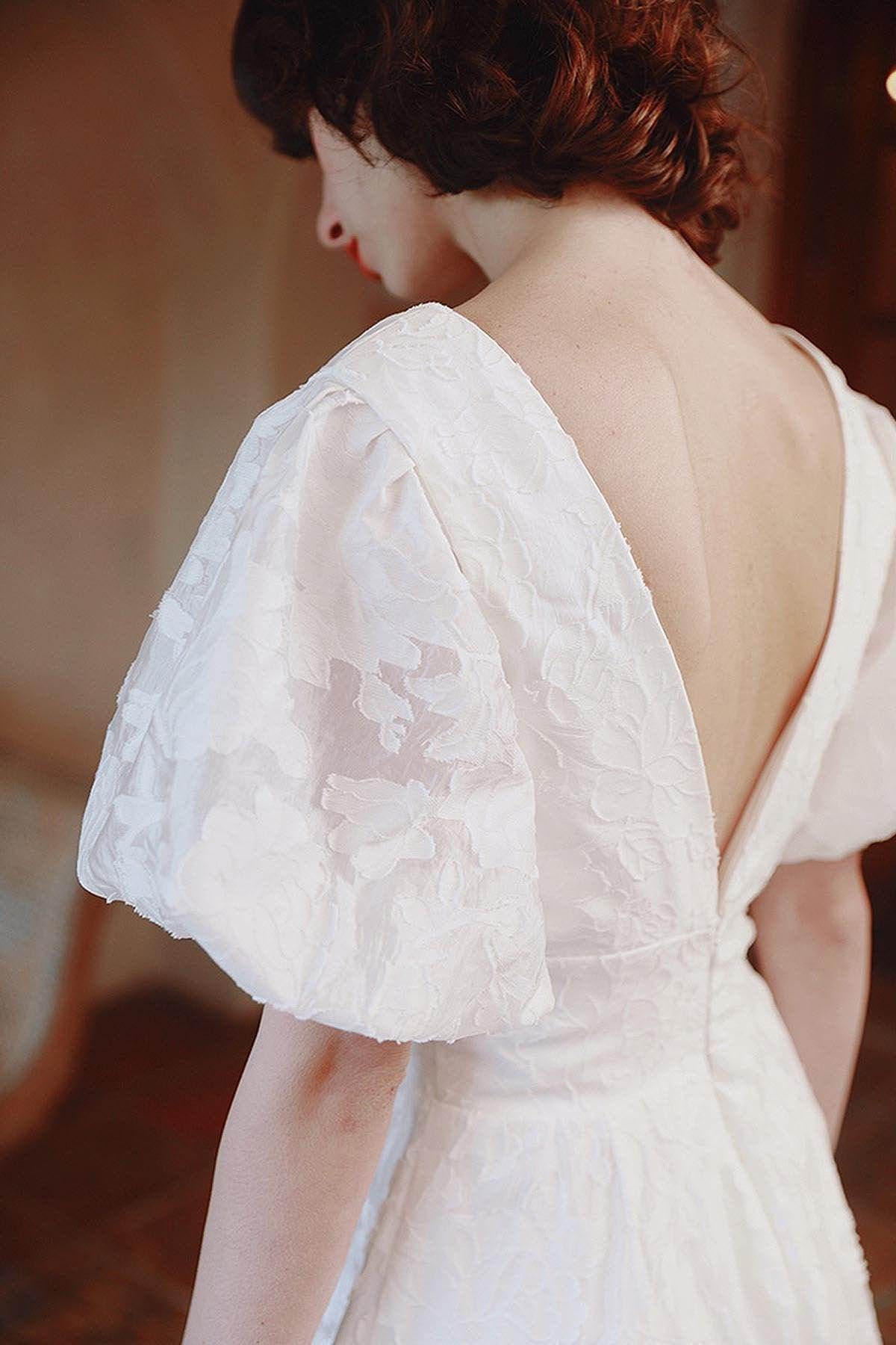 A-Line Sweep-Brush Train Printed Gauze Wedding Dress CW3069 - COCOMELODY