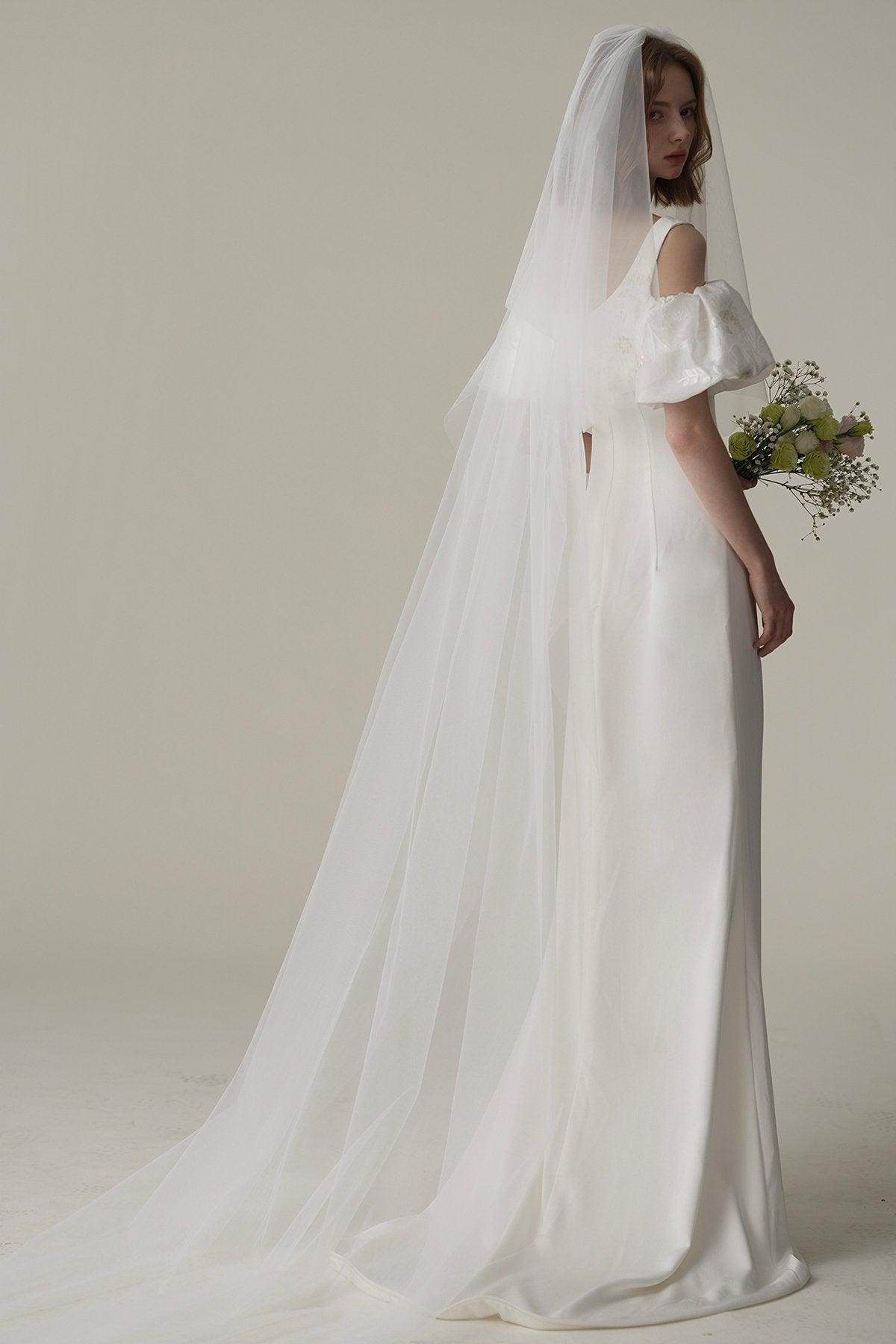 Sheath Sweep-Brush Train Satin Jacquard Wedding Dress CW3077 - COCOMELODY