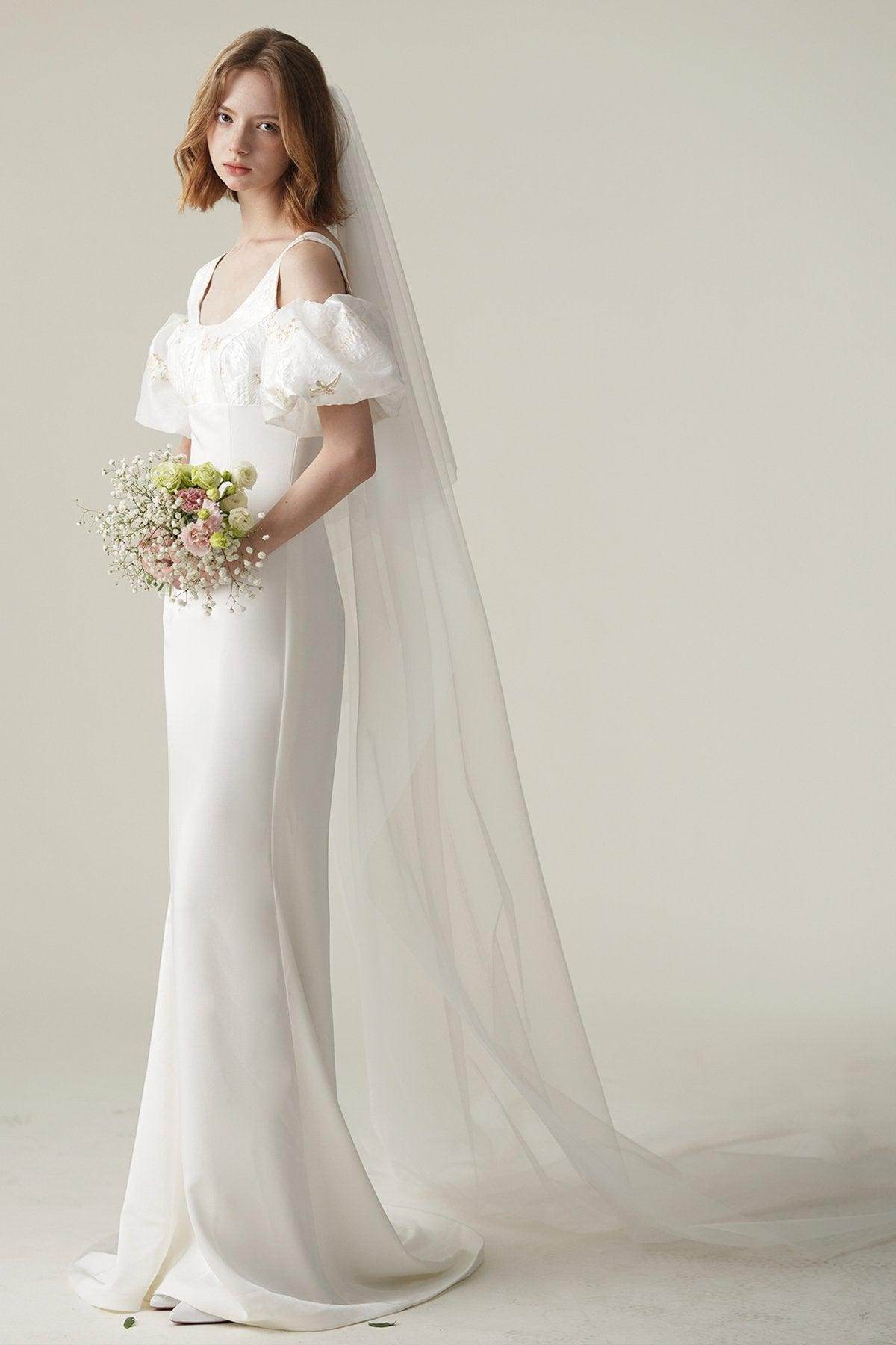 Sheath Sweep-Brush Train Satin Jacquard Wedding Dress CW3077 - COCOMELODY