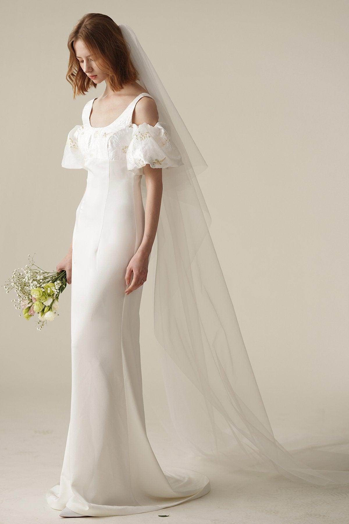 Sheath Sweep-Brush Train Satin Jacquard Wedding Dress CW3077 - COCOMELODY