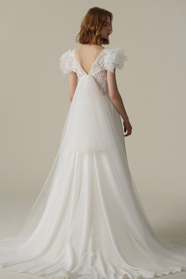 A-Line Sweep-Brush Train Lace Chiffon Wedding Dress CW3081