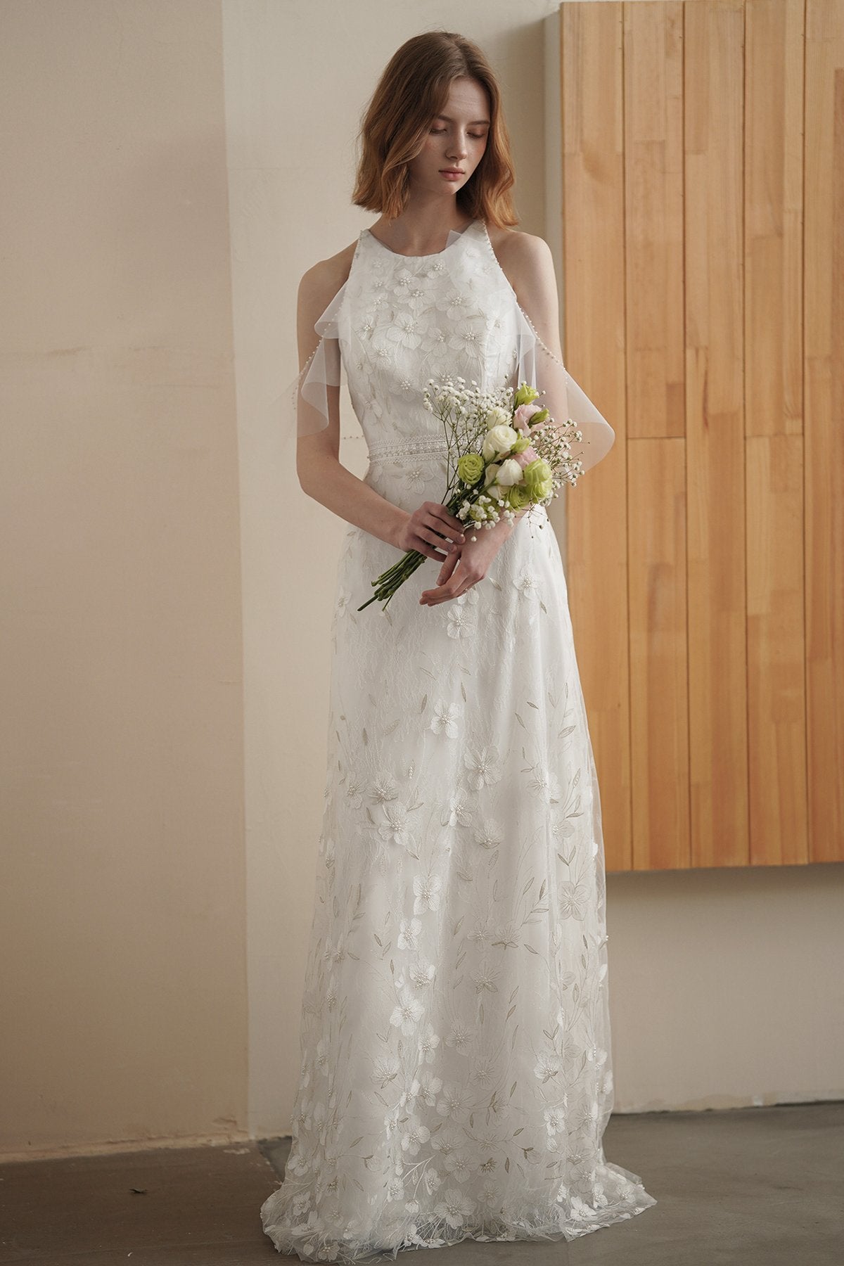 Sheath-Column Floor Length Lace Tulle Wedding Dress CW3084