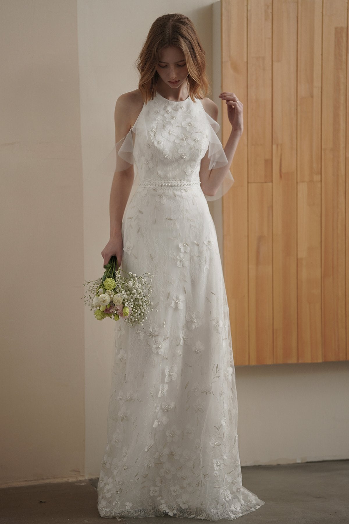Sheath-Column Floor Length Lace Tulle Wedding Dress CW3084