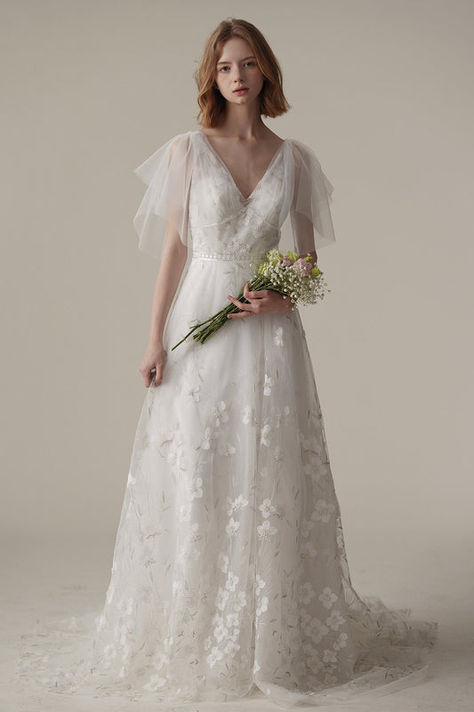 A-Line Sweep-Brush Train Lace Tulle Wedding Dress CW3085