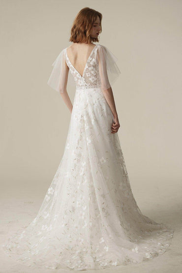 A-Line Sweep-Brush Train Lace Tulle Wedding Dress CW3085 - COCOMELODY