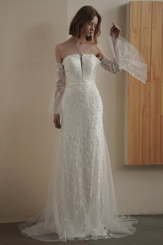 Sheath Sweep-Brush Train Lace Tulle Wedding Dress CW3086