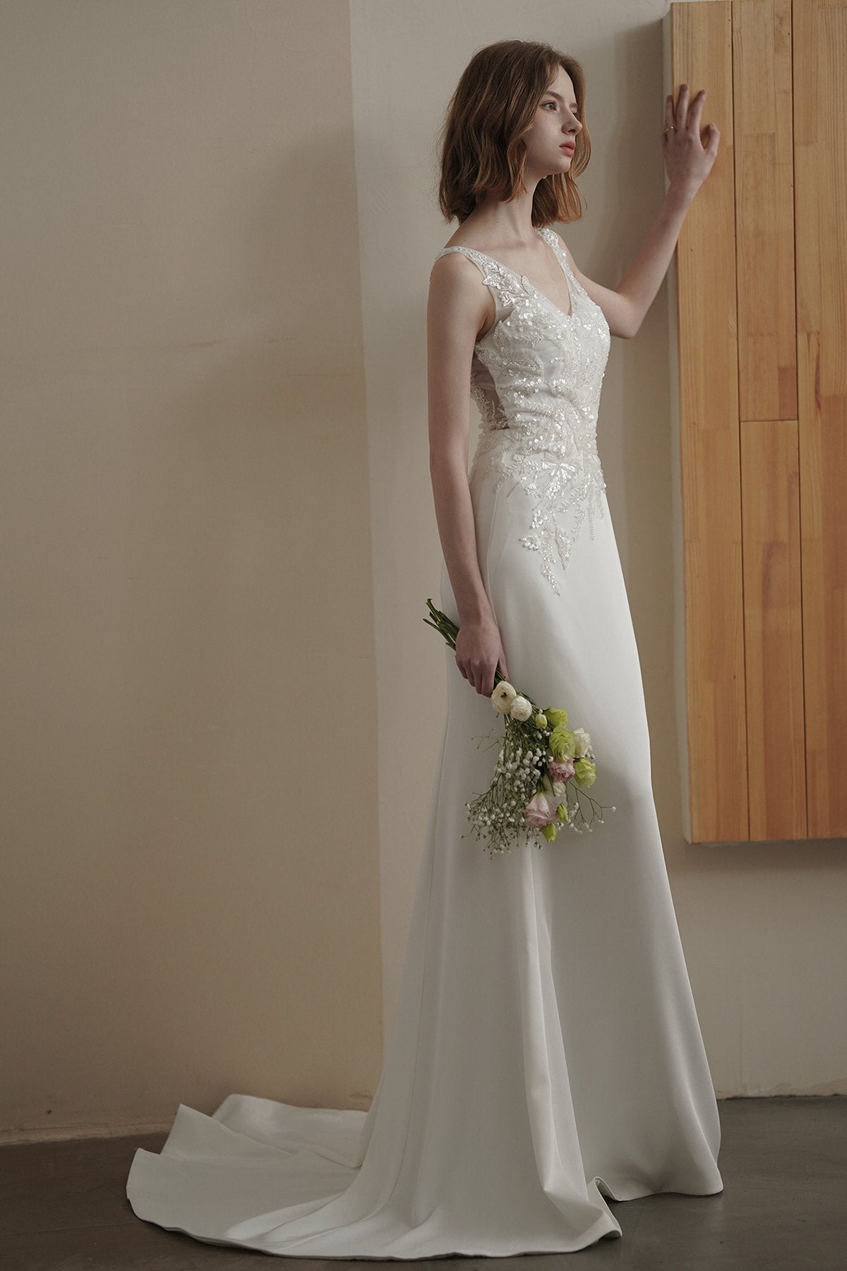 Trumpet-Mermaid Court Train Lace Satin Wedding Dress CW3089