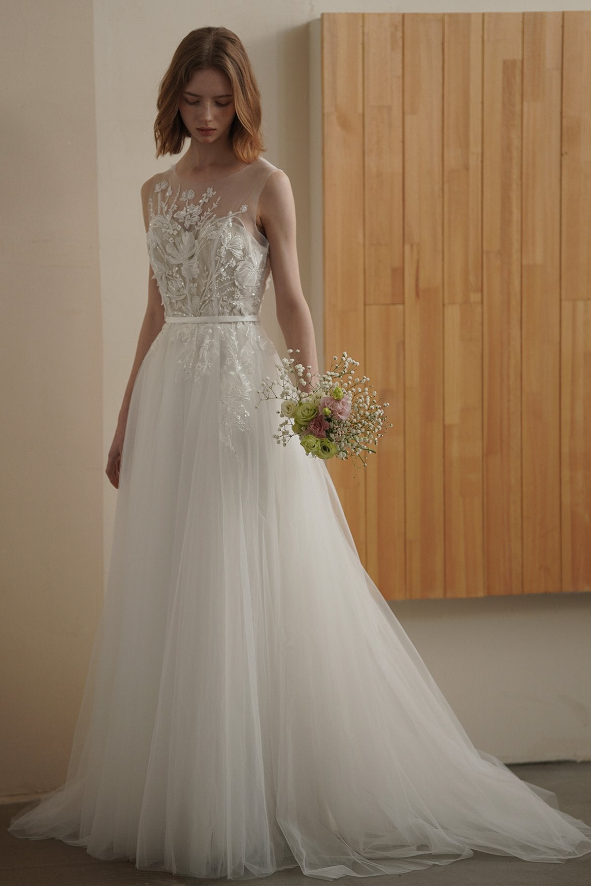 A-Line Sweep-Brush Train Lace Tulle Wedding Dress CW3090