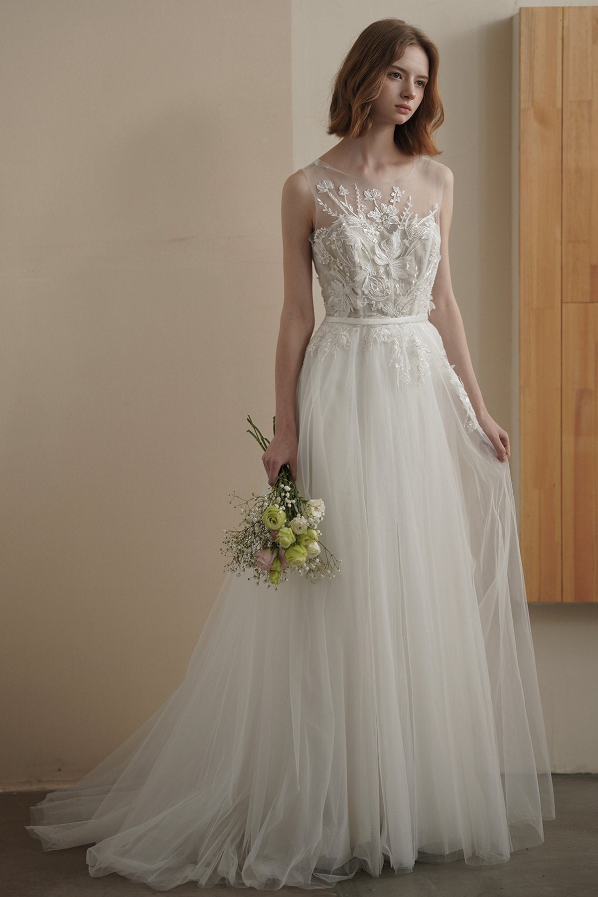 A-Line Sweep-Brush Train Lace Tulle Wedding Dress CW3090