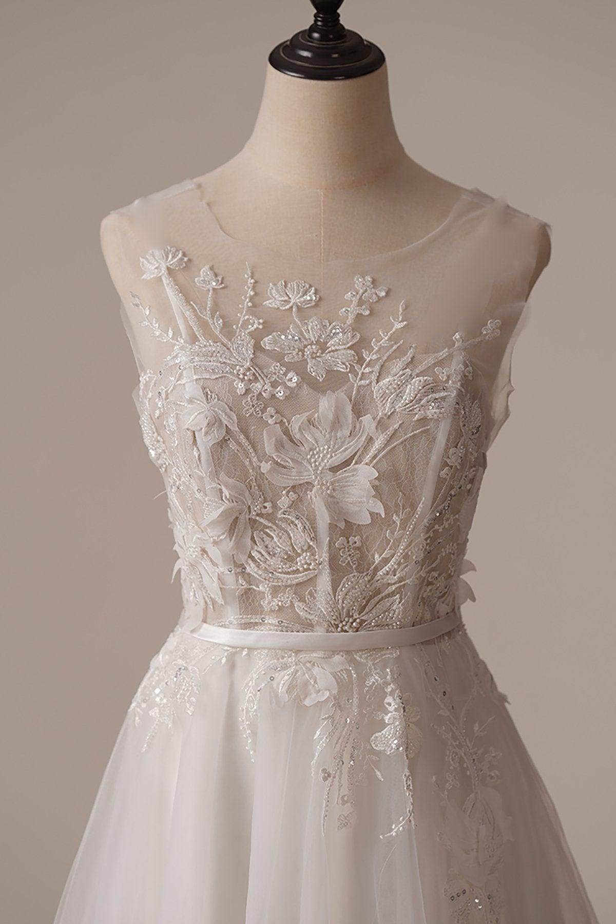 A-Line Sweep-Brush Train Lace Tulle Wedding Dress CW3090 - COCOMELODY