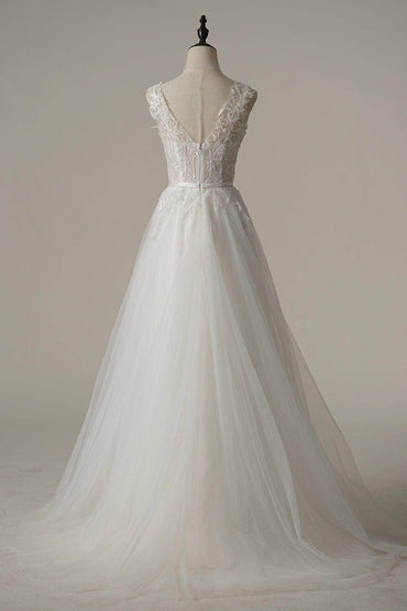 A-Line Sweep-Brush Train Tulle Wedding Dress CW3092 - COCOMELODY