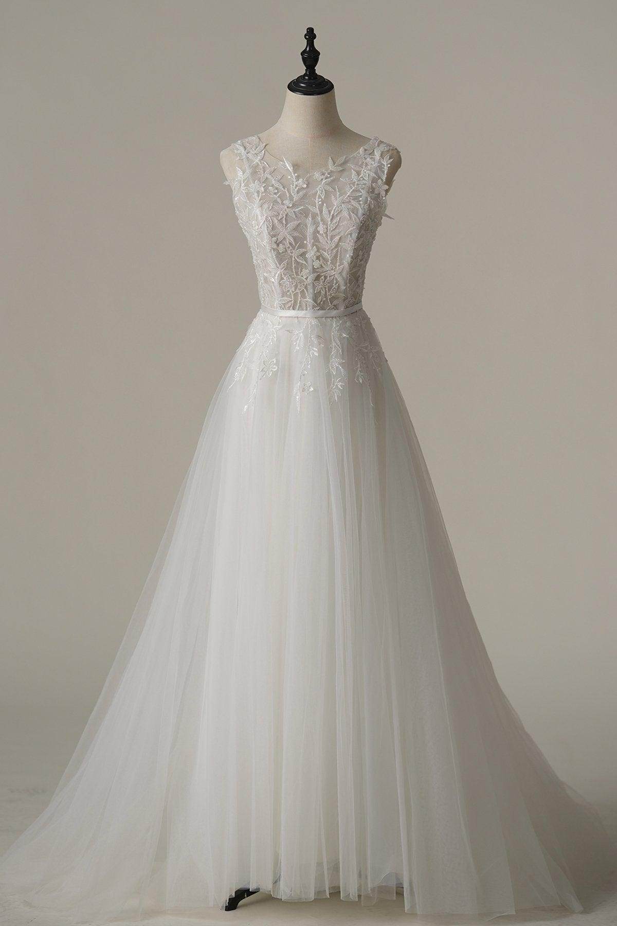 A-Line Sweep-Brush Train Tulle Wedding Dress CW3092 - COCOMELODY