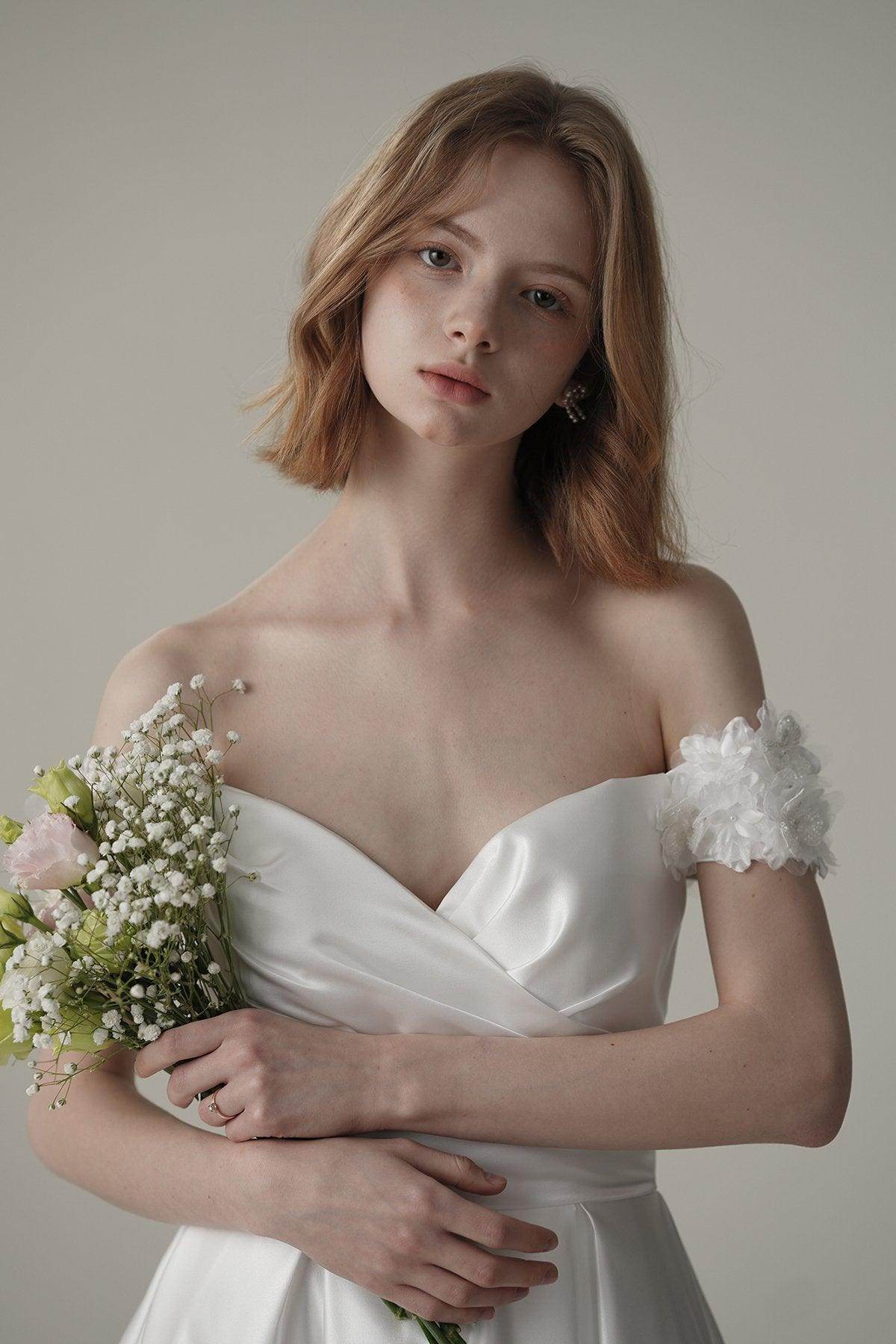 A-Line Sweep-Brush Train Satin Wedding Dress CW3093 - COCOMELODY
