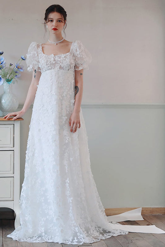A-Line Sweep-Brush Train Lace Satin Wedding Dress CW3095