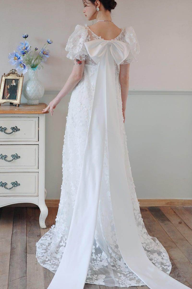 A-Line Sweep-Brush Train Lace Satin Wedding Dress CW3095 - COCOMELODY