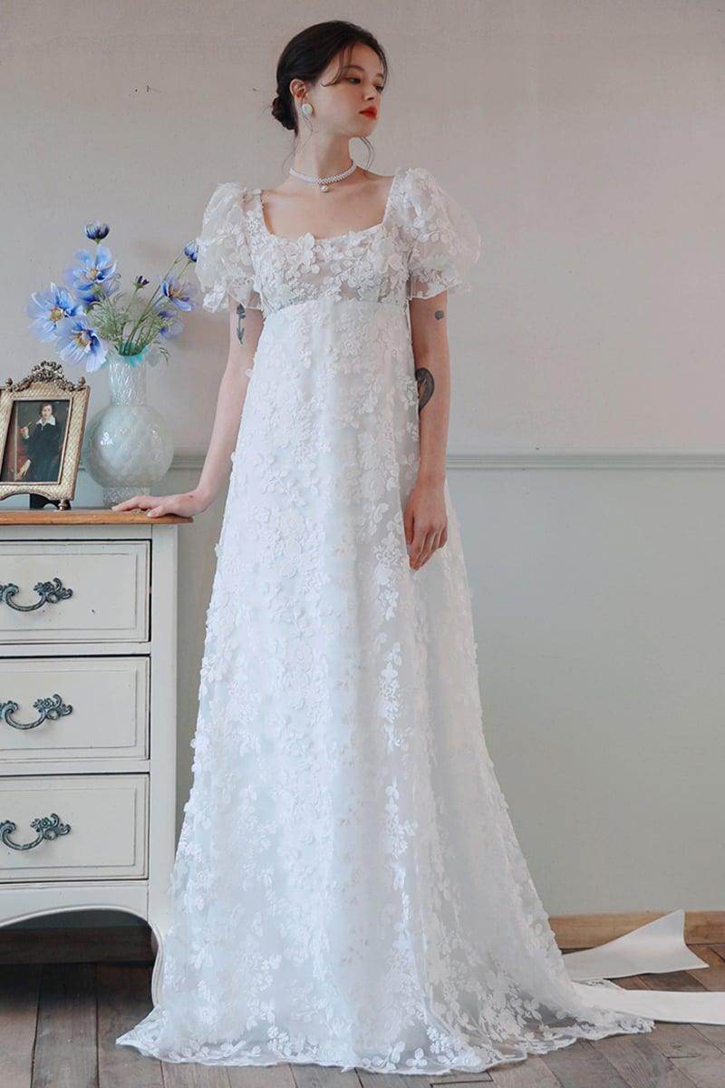 A-Line Sweep-Brush Train Lace Satin Wedding Dress CW3095 - COCOMELODY