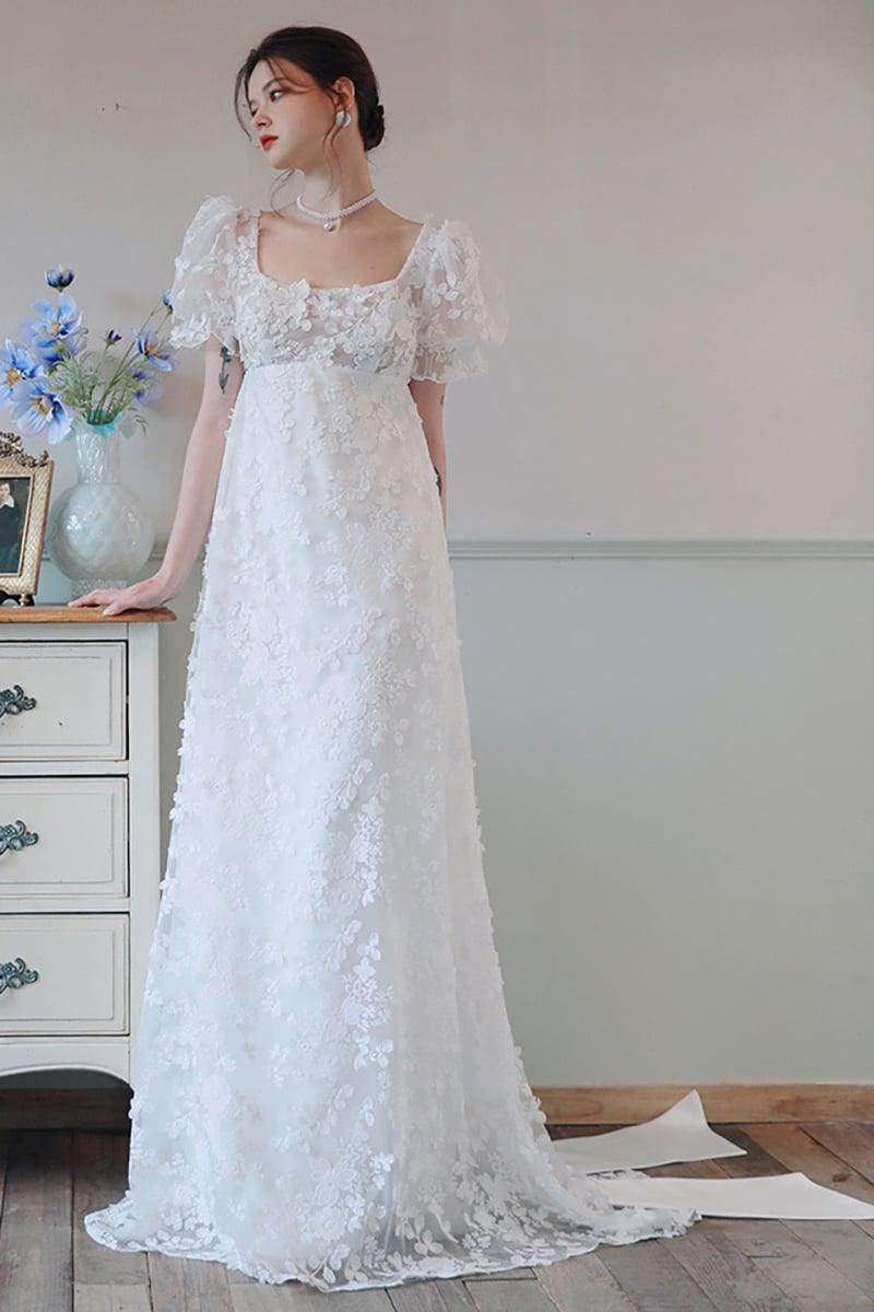 A-Line Sweep-Brush Train Lace Satin Wedding Dress CW3095 - COCOMELODY