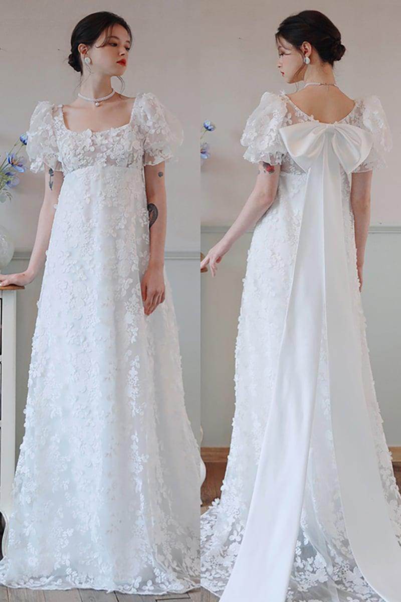 A-Line Sweep-Brush Train Lace Satin Wedding Dress CW3095 - COCOMELODY