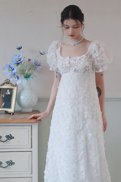 A-Line Sweep-Brush Train Lace Satin Wedding Dress CW3095