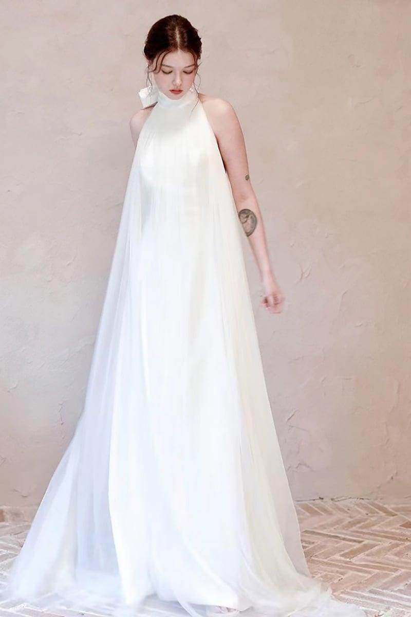 A-Line Sweep-Brush Train Lace Tulle Wedding Dress CW3096 - COCOMELODY