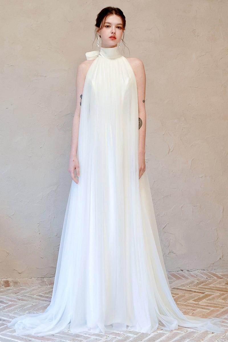 A-Line Sweep-Brush Train Lace Tulle Wedding Dress CW3096 - COCOMELODY