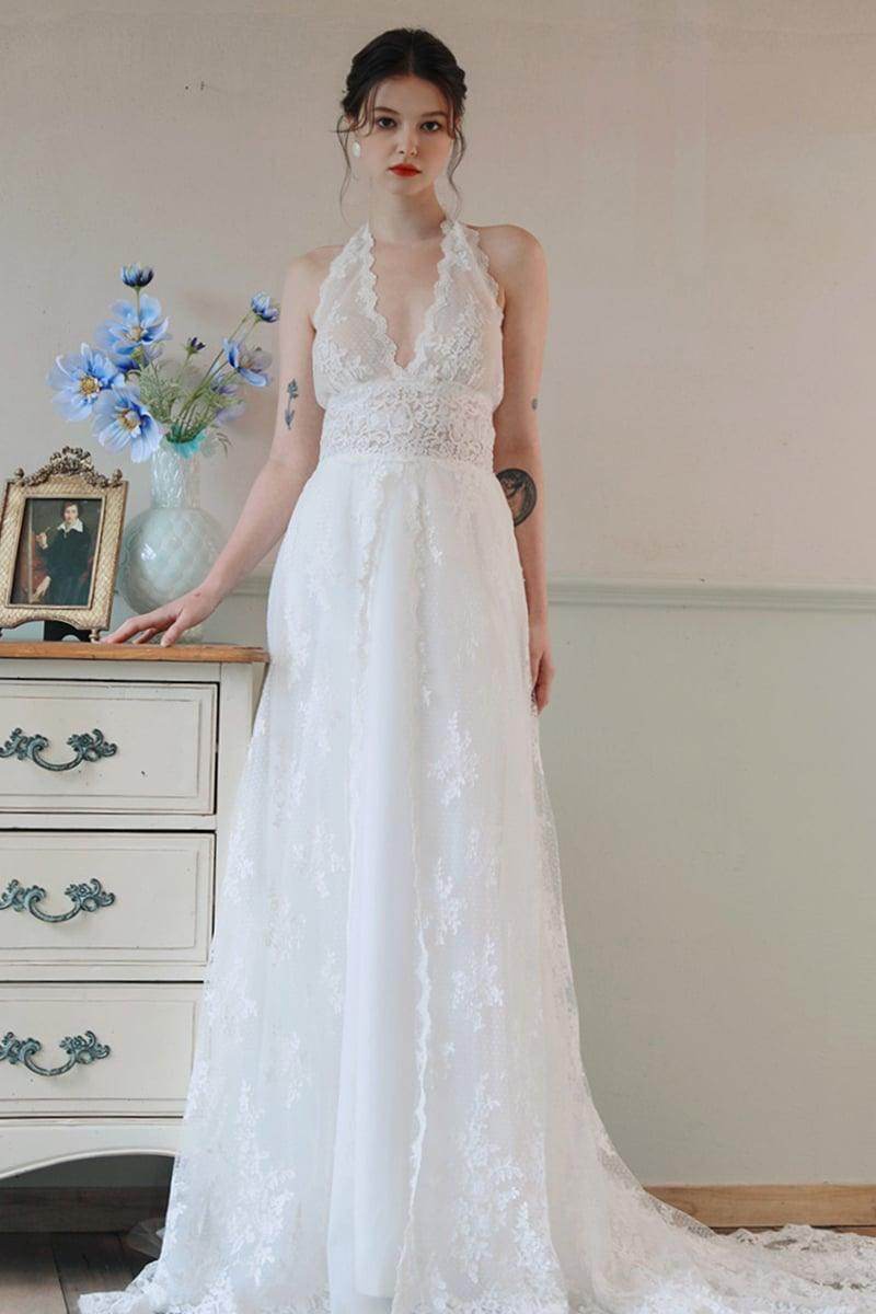 A-Line Halter Sweep-Brush Train Lace Tulle Wedding Dress COCOMELODY CW3097, 25 Days / Ivory / US16-UK18-EUR46 A-Line Halter Sweep-Brush Train Lace Tulle Wedding Dress COCOMELODY CW3097, 25 Days / Ivory / US16-UK18-EUR46