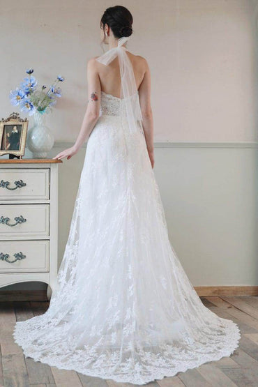 A-Line Sweep-Brush Train Lace Tulle Wedding Dress CW3097 - COCOMELODY