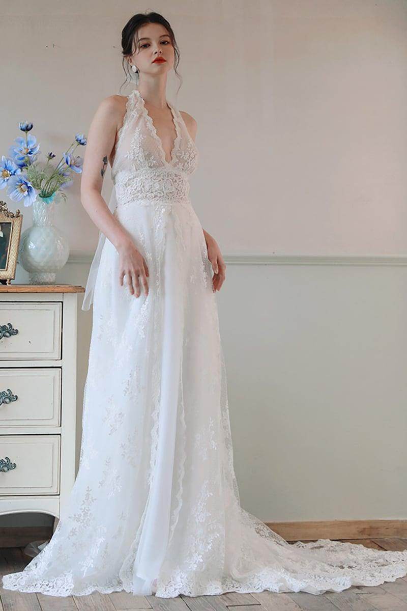 A-Line Sweep-Brush Train Lace Tulle Wedding Dress CW3097 - COCOMELODY