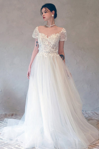 A-Line Sweep-Brush Train Lace Tulle Wedding Dress CW3098