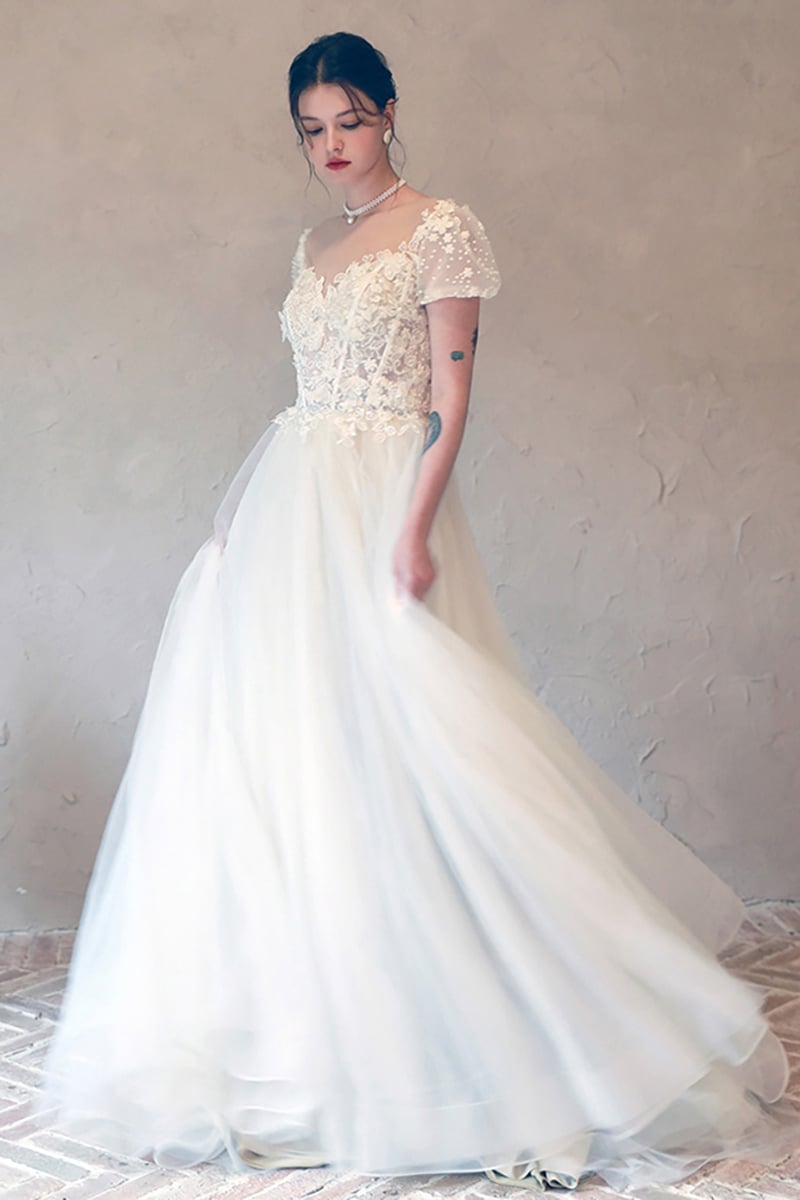 A-Line Sweep-Brush Train Lace Tulle Wedding Dress CW3098