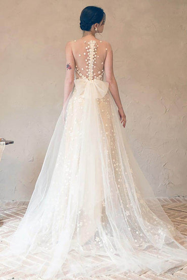 A-Line Sweep-Brush Train Lace Tulle Wedding Dress CW3099 - COCOMELODY