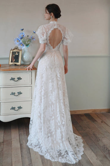 A-Line Sweep-Brush Train Lace Tulle Wedding Dress CW3100