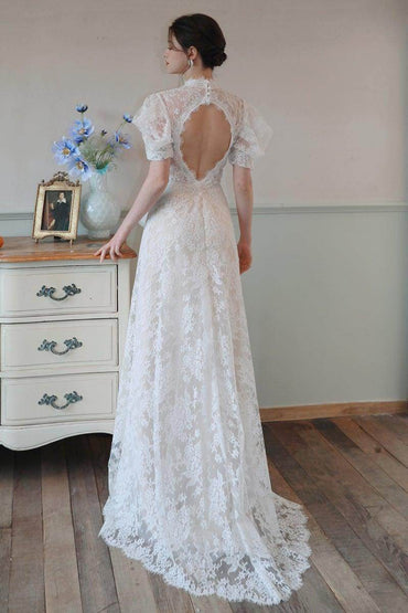 A-Line Sweep-Brush Train Lace Tulle Wedding Dress CW3100 - COCOMELODY