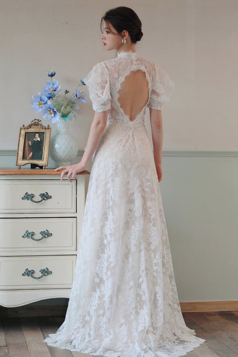 A-Line Sweep-Brush Train Lace Tulle Wedding Dress CW3100