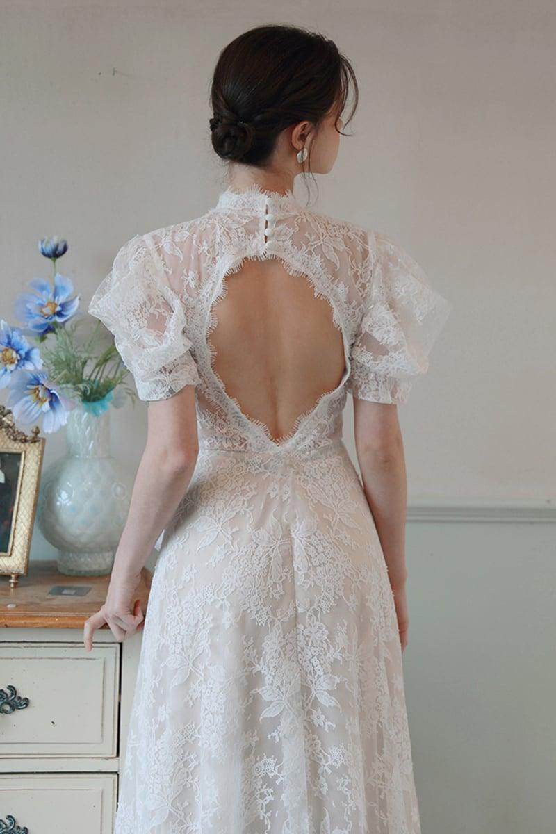 A-Line Sweep-Brush Train Lace Tulle Wedding Dress CW3100 - COCOMELODY