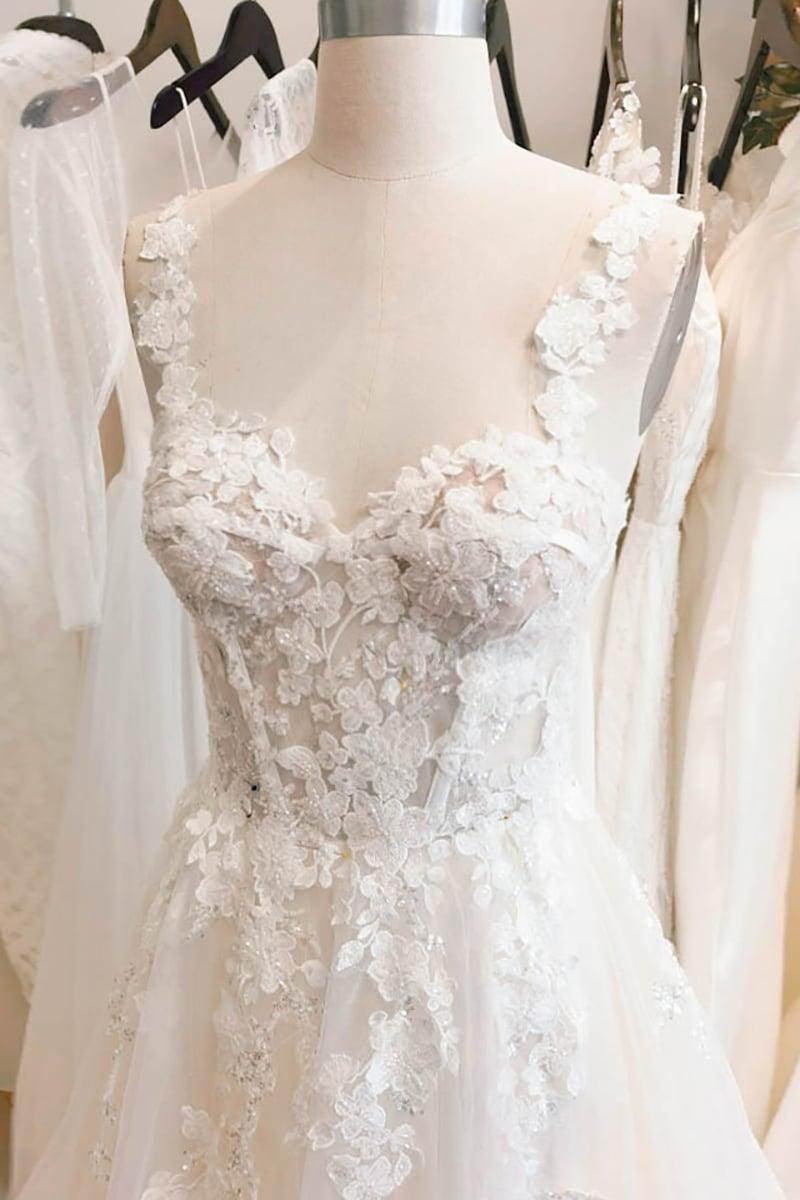 A-Line Sweep-Brush Train Lace Tulle Wedding Dress CW3101 - COCOMELODY